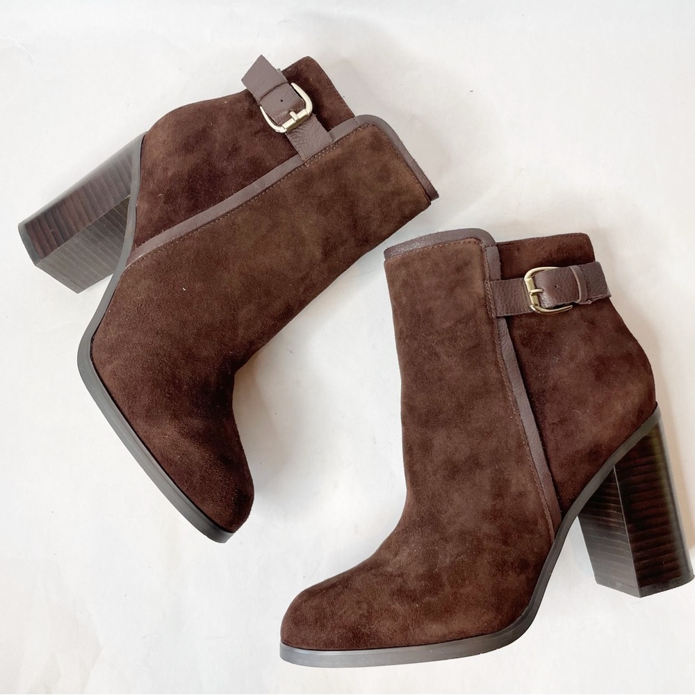 Lands' End Brown Suede Buckle High Heel Block Heel Ankle Bootie Size 8.5